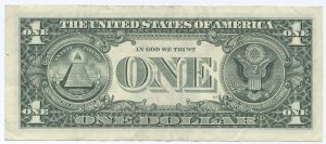 il retro di una banconota da un dollaro, su cui sono ben visibili i due lati dello stemma statunitense