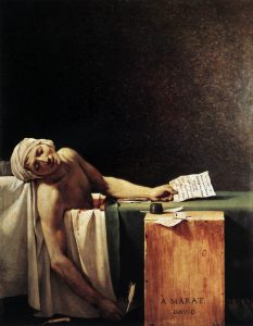 Jacques-Louis David, “La Mort de Marat“, dipinto nello stesso anno della morte del rivoluzionario. (Web Gallery of Art, public domain)
