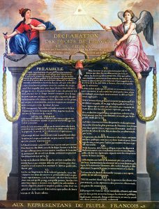 Il dipinto del 1989 di Jean-Jacques-François Le Barbier rappresentante la Dichiarazione dei Diritti dell’Uomo e del Cittadino. Si noti “l’occhio della provvidenza”. Pubblico Dominio.