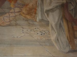 Giacinto Gimignani , Miracolo della Madonna del Sasso, particolare: le carte da gioco; chiesa di Sant'Agostino, Lucca, ca. 1648. Foto degli autori.