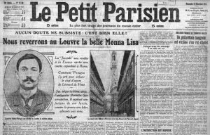La copertina del Le Petit Parisien del 14 dicembre 1913, con la scoperta del colpevole del furto della Gioconda. Da notare il nome di Peruggia, riportato errato. Immagine di pubblico dominio.