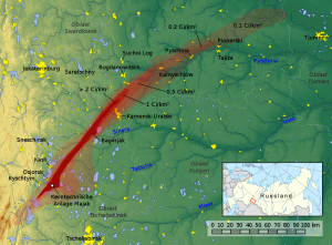 Mappa dell’EURT (East Urals Radioactive Trace): l’area coinvolta dalla contaminazione dovuta all’incidente di Kyshtym (credit: Jan Rieke, maps-for-free.com, File:Russia conic location map.svg, CC BY-SA 3.0)