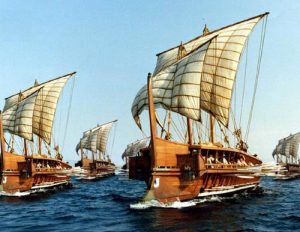 Ricostruzione fotografica di una flotta di trireme greche (credit: The Perseus Project, Dominio Pubblico)