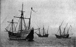 Una replica delle tre navi colombiane, in mare durante un'esposizione a Chicago, all'inizio del '900 (credit: Pubblico Dominio)