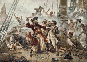 "La cattura del pirata Barbanera nel 1718", dipinto da Jean Leon Gerome Ferris nel 1920 (credit: Pubblico Dominio)