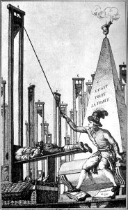 Fumetto satirico del XVIII secolo: Robespierre nell’atto di ghigliottinare il boia, dopo aver ghigliottinato tutti i francesi. Prima del Terrore, Robespierre aveva combattuto per l’abolizione della pena di morte. (Pubblico Dominio)