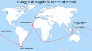 Il viaggio della spedizione di Magellano intorno al globo – Elaborazione di Diablos86 su immagine di Knutux, CC BY-SA 3.0